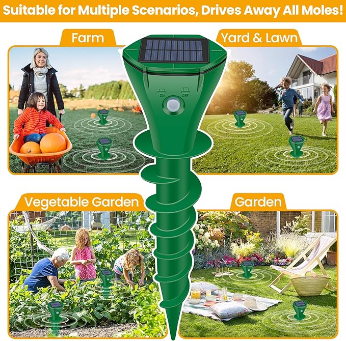 Mole Repellent Solar Powered Ultrasonic,6 Pack Gopher Repellent Outdoor for Lawn Garden Yard,Waterproof Mole Killer Traps,Sonic Spikes Get Rid of All Pests Gopher Vole Groundhog Chipmunk Snake-Green