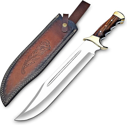 Handmade D2 Steel 18 Inches Large Bowie Knife, Full Tang Fixed Blade With Rosewood Handle and Brass Guard Hunting Knife with Leather Sheath Ideal for Camping, Hiking, Survival