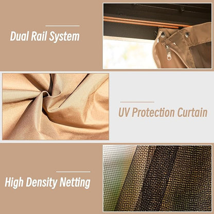 Domi 8' x 8' Hardtop Gazebo Permanent Metal Gazebo with Galvanized Steel Double Roof, Curtains and Netting for Party, Wedding, Outdoor Dining, Patio, Backyard, Brown