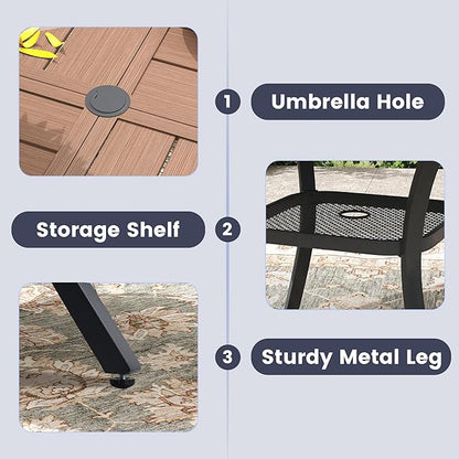 VICLLAX 5 Pieces Outdoor Dining Set, Patio Furniture Set of 4 Patio Swivel Dining Chairs and 40.6" Patio Spliced Round Tabletop with Storage Shelf, Dark Charcoal Chairs & Walnut Tabletop