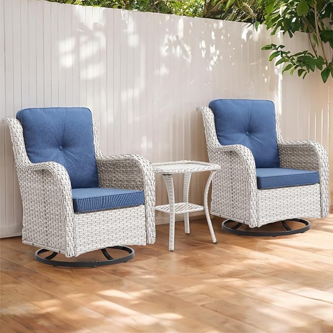 Luxury Wicker Swivel Patio Chairs Set of 3, Outdoor Swivel Rocking Chairs with Side Table, Outdoor Bistro Set for Patio, Porch, Yard, Deck, Poolside, Light Beige/Blue
