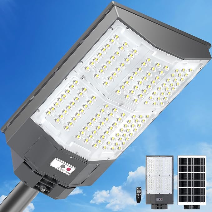 10500W Solar Street Lights Outdoor, 650000LM 7000K Solar Parking Lot Lights Dusk to Dawn 40000mAh IP67 Waterproof Pole Security Flood Lamps with Motion Sensor and Remote for Yard, Garage, Driveway