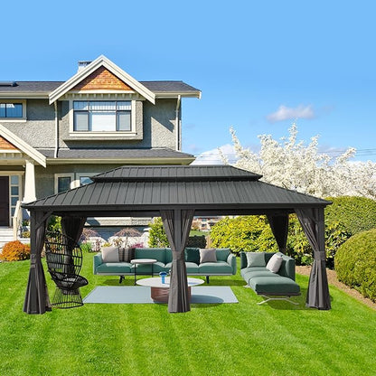 Domi Hardtop Gazebo 12x20FT, Aluminum Outdoor Gazebo with Galvanized Steel Double Roof Canopy, Curtains and Netting Included, Metal Gazebo Permanent Pavilion for Patio, Lawn, Garden, Gray