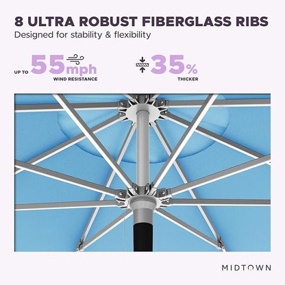 Midtown Umbrellas Push Pop Sunbrella Umbrella 10 Feet Large Outdoor Umbrella With Capri Acrylic Fabric - Deck Patio Umbrella, Backyard Umbrella, Garden Umbrella & Pool Umbrella - Black Pole