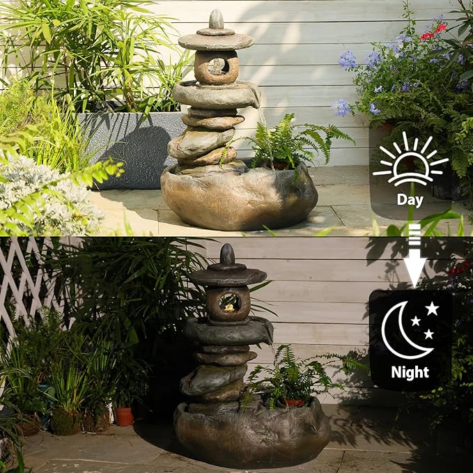 28" H Imitation Rock Pagoda Design Outdoor&Indoor Cascading Water Fountain, Natural Zen Decor Waterfall with LED Lights - Suitable for Garden/Patio/Yard/Deck/Balcony and Home Art Decor （Resin）