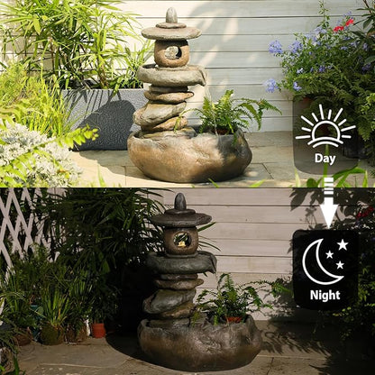 28" H Imitation Rock Pagoda Design Outdoor&Indoor Cascading Water Fountain, Natural Zen Decor Waterfall with LED Lights - Suitable for Garden/Patio/Yard/Deck/Balcony and Home Art Decor （Resin）