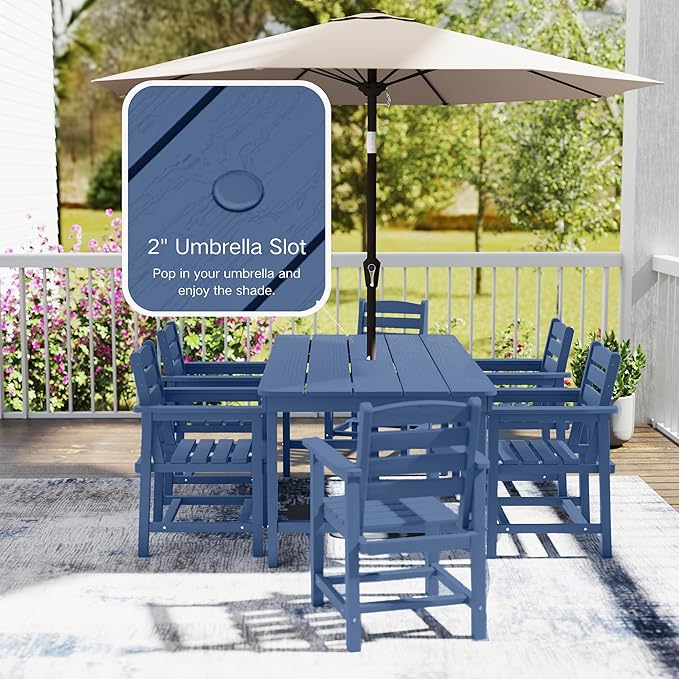 7 Piece Patio Dining Set with 11ft Patio Umbrella (Cream-White), 7 Navy Outdoor HDPE Dining Set with 6 Chairs + 1 Large Table, for Market, Pool, Garden, Backyard, Deck