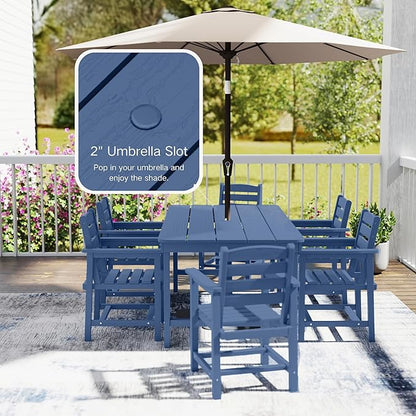 7 Piece Patio Dining Set with 11ft Patio Umbrella (Black), 7 Navy Outdoor HDPE Dining Set with 6 Chairs + 1 Large Table with 2" Umbrella Hole, for Market, Pool, Garden, Backyard, Deck