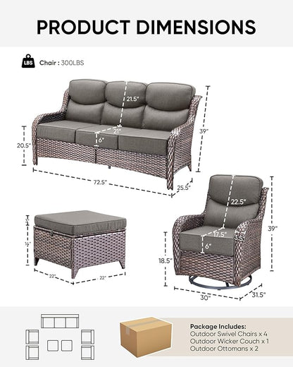 HUMMUH Wicker Patio Furniture Set 6 Inch Thick Cushion Outdoor Swivel Rocker Patio Chairs with Deep Seat Sofa 5PCS Outdoor Furniture Set for Porch Garden Deck