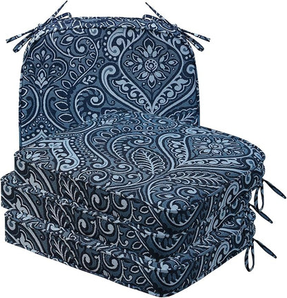 Round Corner Seat Cushions, 17" x 16" x 2", Set of 4, Indoor Outdoor Water Repellent Universal Chair Pads with Ties for Patio Furniture, Garden Deck Dining Chairs, Damask Blue Flower