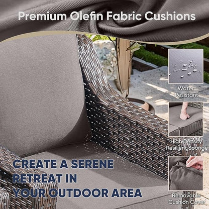 3 Pieces Patio Furniture Set-Wicker Patio Chairs Set of 2 with Tempered Glass End Table Outdoor Patio Chairs for Deck Balcony Poolside Backyard-Brown/Grey