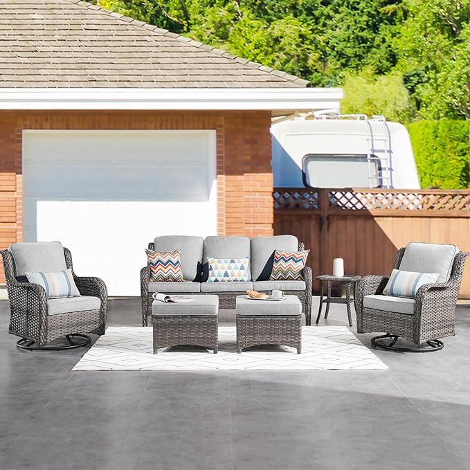 HOOOWOOO Patio Furniture Set,6 Piece Outdoor Furniture Set with Swivel Chairs,Wicker Patio Conversation Couch Chairs Ottoman Set,Light Gray