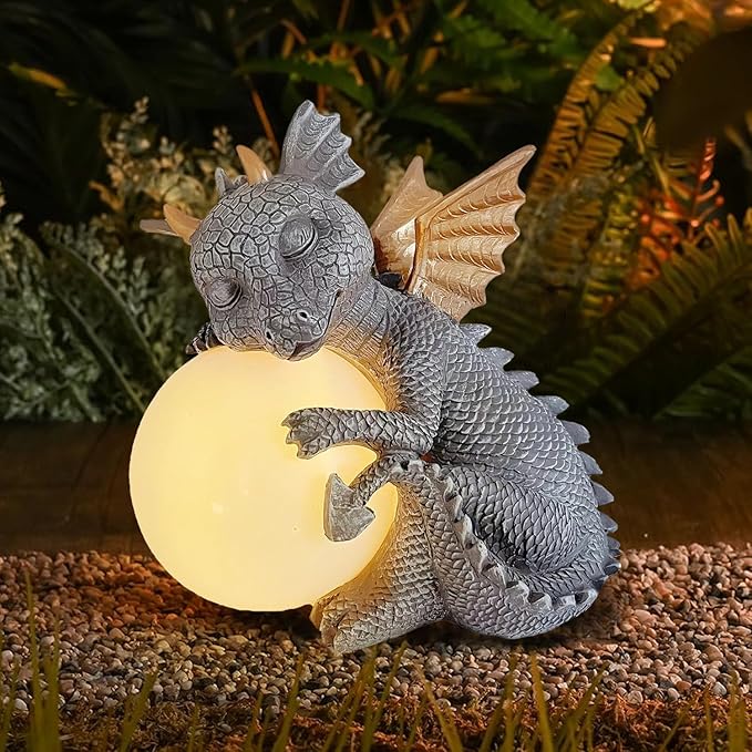 8.6" Solar Dragon Garden Statue, LED Figurine Light, Resin Outdoor Sculpture, Solar Powered Yard Art, Night Garden Light, Solar Landscape Path Light Ornament, Lawn Solar Lighting Figurine Art