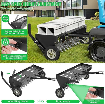 Doniks 40-Inch Tow Behind Plug Aerator with Transport Wheels, Lawn Aerator Tow Behind with Galvanised Steel Tines and Extra-Wide Tow Bar, Pull Behind Aerator for Gardens, Lawns, Farms
