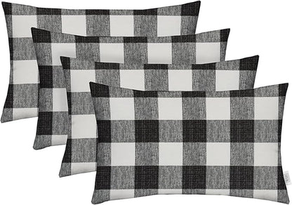 RSH DECOR: Lumbar Throw Pillows Set of 4 | 20” x 12" | All-Weather Spun Fabric | Water and Fade-Resistant | Outdoor Support Pillows for Patio Furniture | Black Buffalo Plaid