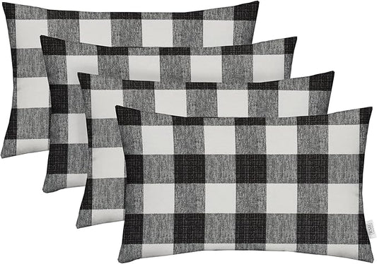 RSH DECOR: Lumbar Throw Pillows Set of 4 | 20” x 12" | All-Weather Spun Fabric | Water and Fade-Resistant | Outdoor Support Pillows for Patio Furniture | Black Buffalo Plaid