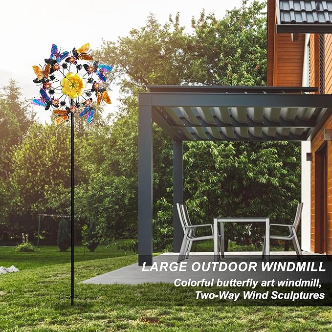 Double Blade Butterfly Wind Spinners, Outdoor Garden 360° Swivel Spinners 50 inch Garden Stakes Decor, Metal Flower Pinwheels for Yard and Lawn