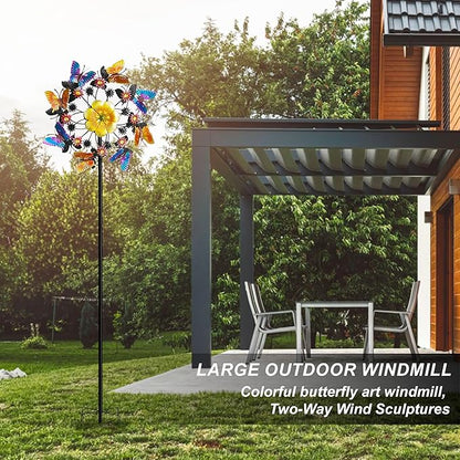Double Blade Butterfly Wind Spinners, Outdoor Garden 360° Swivel Spinners 50 inch Garden Stakes Decor, Metal Flower Pinwheels for Yard and Lawn