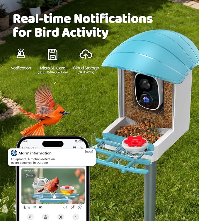 Bird Feeder with Camera Solar Powered: Smart Bird Feeders for Outdoors Garden with AI Identify Auto Capture 2K HD Bird House with Camera Outside WiFi Live View Birdfeeder Cam Gift for Birds Lover