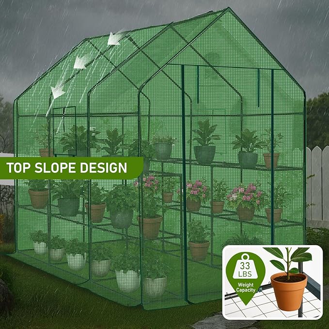 Outvita Walk-in Greenhouse, Outdoor Durable PE Plant Green House for Frost Protection with 3 Tiers 12 Shelves, Shelf Clips, Roll-up Zipper Door, 56"x85"x77" Green