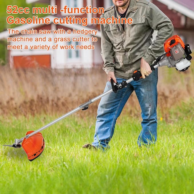 Gas Weed Eater 6 in 1 Hedge Trimmer Grass Trimmer, 52cc 2 Cycle Weed Wacker with Anti-Slip Handle Brush Cutter Garden Tools Edger Lawn Tool Orange