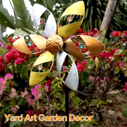 Wind Spinners Outdoor Metal, 10.63" W*37" H Pinwheels for Yard and Garden Decor, Kinetic Wind Sculpture Spinner (Gold Ornate Crystal Bead)