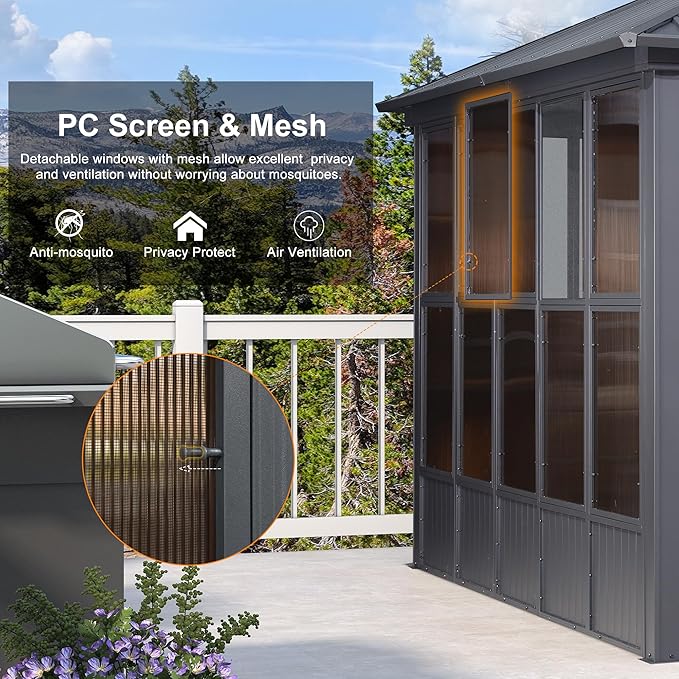 PURPLE LEAF 12' X 14' Sunroom Hardtop Gazebo Solarium with Light Galvanized Steel Double Roof All-Weather Aluminum Outdoor Screen House for Patio Deck Backyard Grey