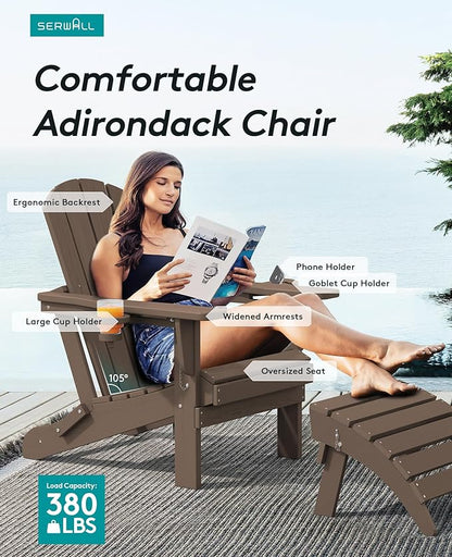 SERWALL Adirondack Chair with Cup Holders - Composite Adirondack Chairs Set of 8 HDPE Outdoor Chairs All Weather Use- Coffee