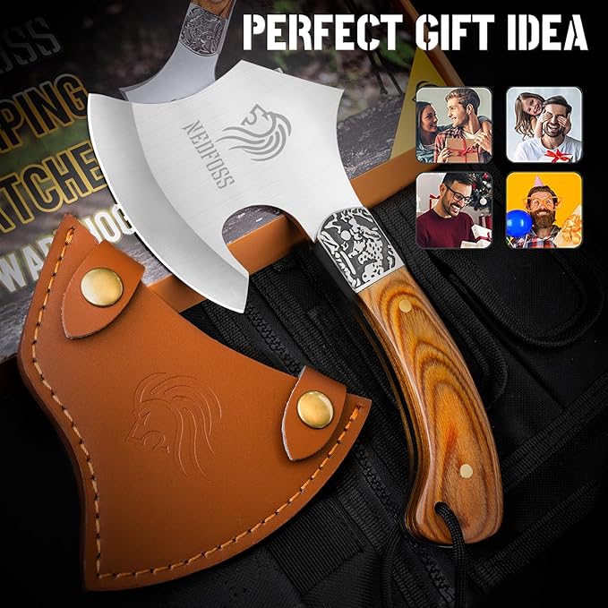 NedFoss Warthog Camping Axe, 9" Full Tang Small Axe with Leather Sheath, Survival Hatchet with Wood Handle, Tomahawk for Outdoor Backpacking, Bushcraft, Hiking