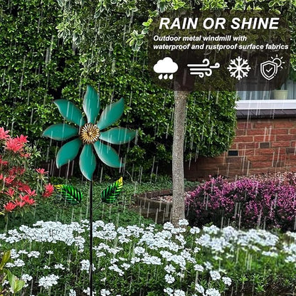 Metal Wind Spinners for Outdoor Decor - 35inch Tall Kinetic Wind Sculptures with 10inch Diameter, Durable Yard Art for Garden, Patio, Lawn - Weather-Resistant Garden Pinwheels in Vibrant Cyan