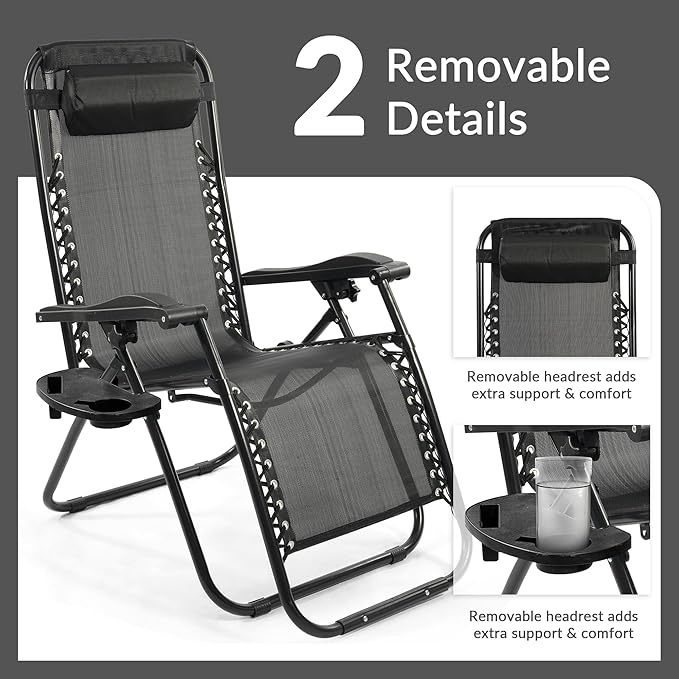 Elevon Zero Gravity Chair with Cup Holder & Removable Pillow, Adjustable Reclining Outdoor Patio Folding Chairs for Adults Portable Lounge Chair Furniture for Poolside, Lawn, Beach, Camping, Black