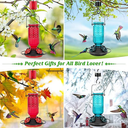 FEED GARDEN Glass Hummingbird Feeder for Outdoors Hanging, 16 OZ Humming Bird Feeders with 4 Bee Guard Feeding Ports & Built-in Ant Moat, Hummingbird Gifts for Mom Bird Feeder for Outside, Red,2 Pack