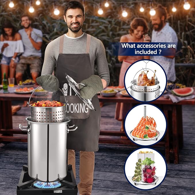 ARC 32QT Seafood Boiling Kit, 200,000BTU Propane Burner and 36" Mixing Paddle, Crawfish Boil Pot w/Basket and Steamer Rack, Outdoors Cooking and Steaming, Large Turkey Fryer Pot, Lobster Shrimp Pot
