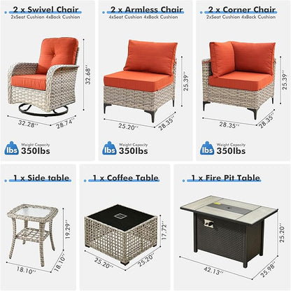 Outdoor Sectional Patio Furniture Set with Swivel Rocking Chairs,9 Pieces Wicker Conversation Sets L Shaped Couch Out Door Sofa Set Outside Furniture for Garden Deck Yard Porch,Orange Red