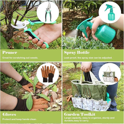 Heavy Duty Gardening Tools, 9 Pieces Garden Tool Set, Stainless Steel Rust Proof Non-Slip Garden Hand Tools with Fashion and Durable Storage Bag, Ideal Gardening Gifts for Women Men Mom