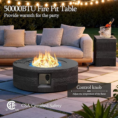 UPHA 42-inch Outdoor Propane Gas Fire Pit Table 50000 BTU Concrete Round FirePit for Outside Patio with Propane Tank Cover, Navyblue Fire Glass, Rain Cover, Grey Texture