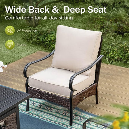 Patio Furniture Set with 56" Fire Pit Table, Premium Outdoor Wicker Metal Frame Furniture with Upgraded Waterproof Thick Cushions for Porch, Poolside, Deck, and Yard （4 Pieces,Beige）