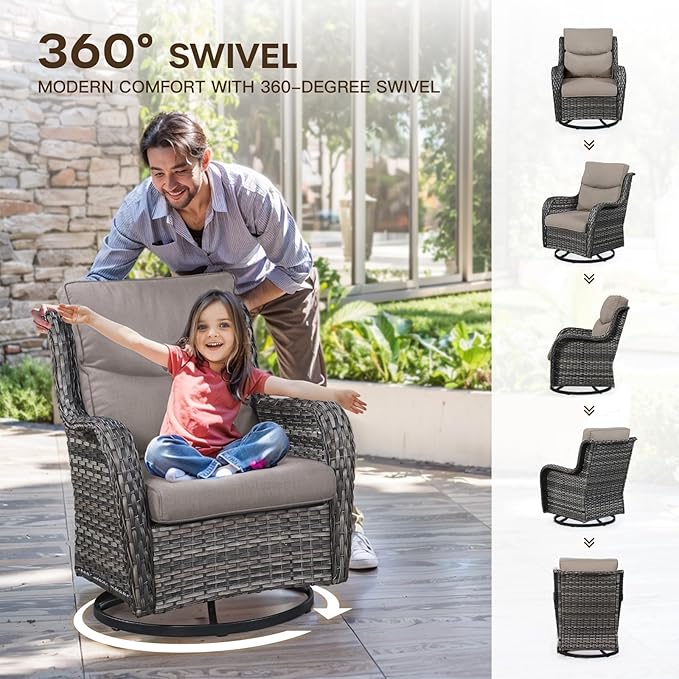Patio Swivel Chair Set of 2, Resin Wicker Swivel Patio Glider Chairs with Smile-Shaped Cushions, High Back Luxury Swivel Patio Glider Chairs for Outdoor, Grey Wicker|Grey Cushions