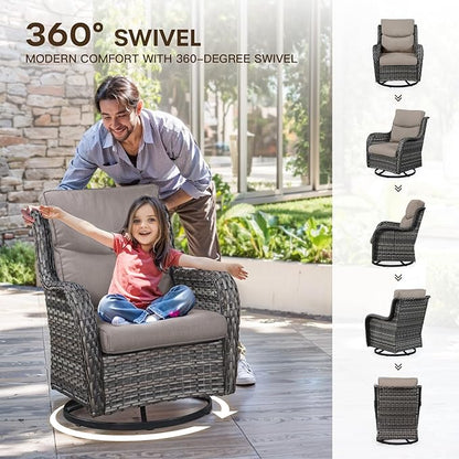 Patio Luxury Conversation Set - 6PCS Resin Wicker Swivel Chairs, 4 Chairs With Rattan Side Table and 30in Square Fire Table - Grey Wicker|Grey Cushions