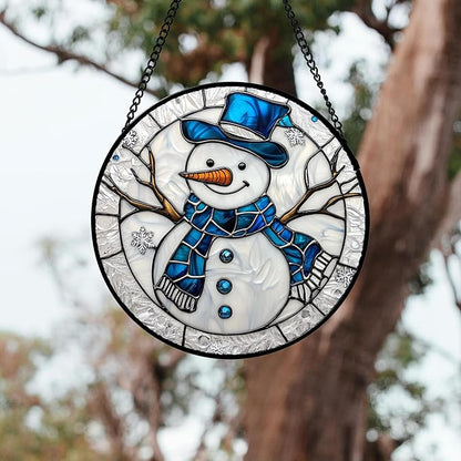 Stained Glass Window Hanging 4 Pcs Set White Winter Christmas Snow Scene Large 11.8" - Suncatcher Door Garden Sun Catcher Decor Birthday for Mom Woman Nana Men Friend Wife