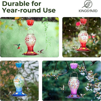 Kingsyard Glass Hummingbird Feeder for Outdoors Hanging - 26 oz Leak Proof Nectar Feeder with 6 Feeding Ports & Ant Moat for Garden Backyard Decor, Red