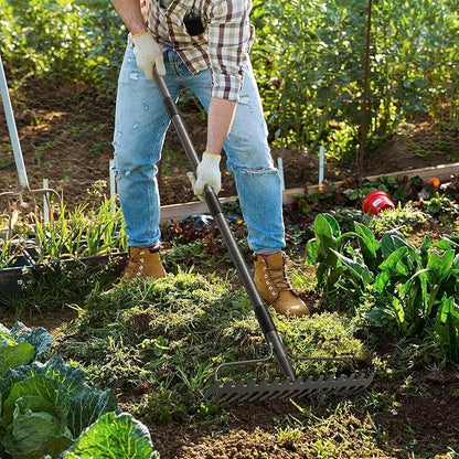 Garden Rake, 6FT Bow Rake Heavy Duty Leveling Rake with Adjustable Handle, 17 Tines Wide Head Metal Thatch Rake for Gardening Leaves Lawn Yard Mulch Rake