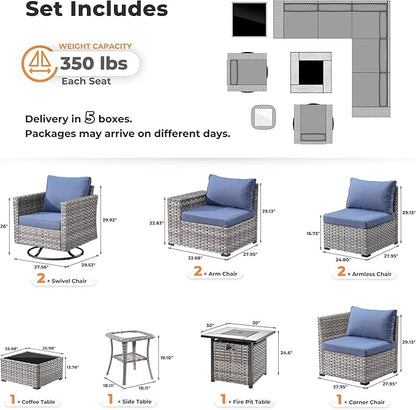 ovios 10 Pieces Patio Furniture Set, Outdoor Wicker Sectional Sofa with 30" Fire Pit Table Swivel Chairs, Modern Modular Deep Seat Rattan Couch Conversation Sets, Denim Blue