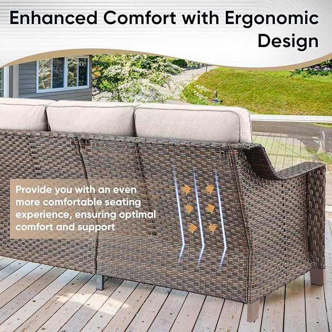4 Piece Patio Furniture Set-Outdoor Rattan Wicker Sofa with Patio Chairs Outdoor Furniture for Porch Garden Backyard Poolside-Brown/Beige