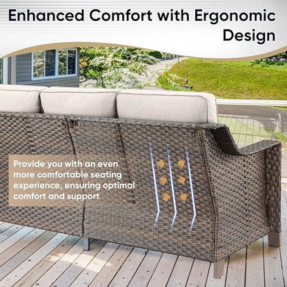 4 Piece Patio Furniture Set-Outdoor Rattan Wicker Sofa with Patio Chairs Outdoor Furniture for Porch Garden Backyard Poolside-Brown/Beige