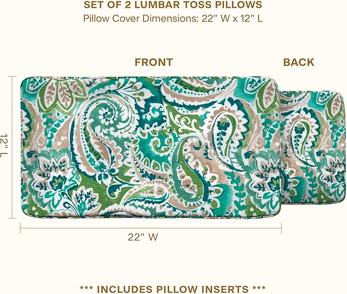 Honeycomb Outdoor Lumbar Pillow 2-Pack, 22 x 12, Geneva Paisley Turquoise Throw Pillows for Patio Furniture