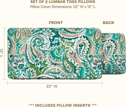 Honeycomb Outdoor Lumbar Pillow 2-Pack, 22 x 12, Geneva Paisley Turquoise Throw Pillows for Patio Furniture