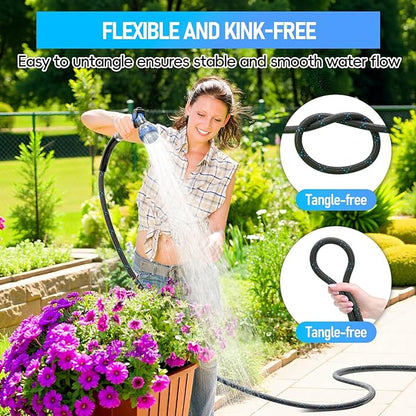 SPECILITE Garden Hose 50ft, 3-Layer Flexible Water Hose with 8 Pattern Spray Nozzle, Non-Expanding & Lightweight Stainless Steel Hose for Yard, Lawn, Outdoor-Leak Proof, No-kink & Tangle-free