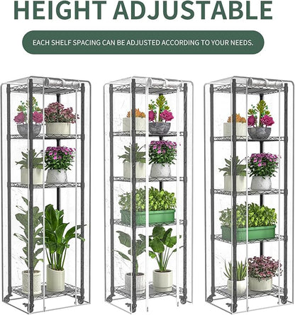 Mini 5-Tier Greenhouse for Indoor Outdoor, 15.7" L×11.8" W×62.3" H Portable Greenhouse with Clear PVC Cover and Metal Shelf for Growing Vegetables, Flowers and Seedlings, with Wheels