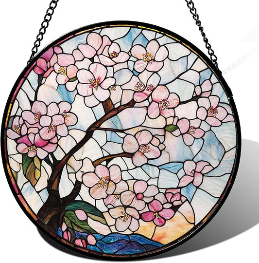 Stained Glass Window Hanging - Cherry Blossoms Suncatcher for Door Garden Home Decor Pink Flowers Sun Catcher Christmas Birthday for Friend Lovers Women Mom Nana 9.8 in